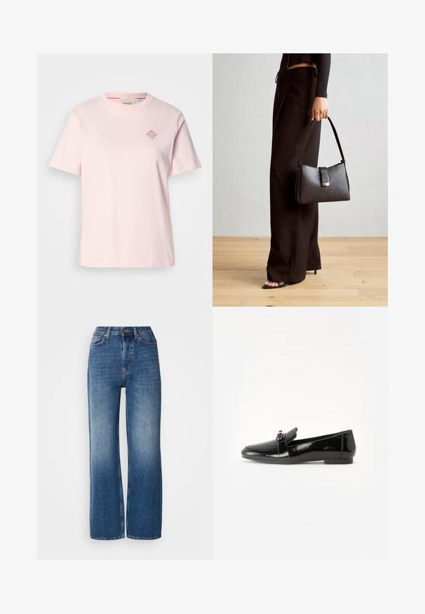 Hellrosa Baumwoll-T-Shirt mit Rundhalsausschnitt, kurzen Ärmeln und einem kleinen, rautenförmigen Logo in einer kontrastierenden Farbe auf der Brust.; Hochtaillierte, weit geschnittene blaue Denim-Jeans mit einem Farbverlauf, kupferfarbenen Nähten, einem Frontknopfverschluss und fünf Taschen.; Schwarze Lackleder-Lederschuhe mit flacher Sohle, runder Spitze und einem dekorativen Riemen mit einem goldfarbenen Akzent. Glattes, glänzendes Finish.; Schwarze Handtasche mit strukturierter Form, glatter Textur und einem metallischen Verschluss. Kombiniert mit weiten schwarzen Hosen und offenen Sandalen auf einem Holzboden.