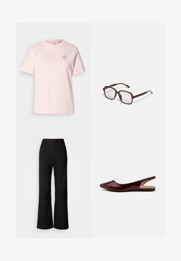 Light pink cotton t-shirt with a crew neckline, short sleeves, and a small diamond-shaped logo in a contrasting color on the chest.; Black wide-leg trousers with a smooth texture, high waist, and a clean design. No visible pockets or embellishments.; Burgundy patent slingback flats with a pointed toe, transparent cutout, and a flat black sole. Smooth texture, minimalist design.; Brown, rectangular eyeglasses with transparent lenses and purple tints. Smooth plastic frame with straight temples and subtle accents.; Gold hoop earrings with a textured, irregular shape. Features a seamless closure and a polished surface finish, emphasizing a modern design.