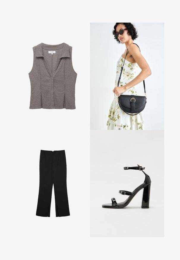 Grå ærmeløs top med et tekstureret strikdesign, der har krave og V-udskæring. Stoffet ser blødt ud med subtile mønsterdetaljer.; Sorte bukser med lige pasform, der har frontlommer og slidser i kanten. Lavet af blødt, glat stof. Velegnet til forskellige anledninger.; Sorte patenterede hælsandaler med firkantet tå, ankelremme og sølvspænder. Har en chunky blokHæl for stabilitet.; Sort læderhåndtaske med en buet form, aftagelig rem og guldfinish. Tasken har en klap med en spænde detalje.