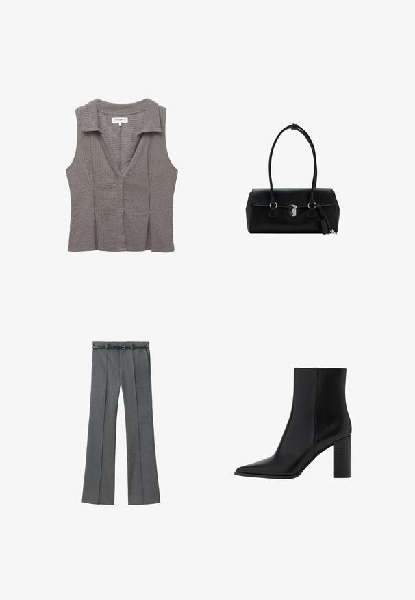Sivá bezrukávová blúzka s textúrovaným pleteným vzorom, s golierom a výstrihom do V. Tkanina vyzerá jemne a má subtílne vzorové detaily.; Sivé elegantné nohavice so strmerou nohou, vyrobené z ľahkej látky, s pútkami na opasok a úzkym opaskom so striebornou sponou.; Čierna kožená členková čižma s špicatou špičkou, štvorcovým podpätkom, hladkou textúrou a šitými detailmi pozdĺž švov. Výška podpätkov je približne 3,5 palca.; Čierna kožená kabelka s hladkou textúrou, štruktúrovaným dizajnom, dvojitými uchami a strieborným detailom na zapínaní v strede.