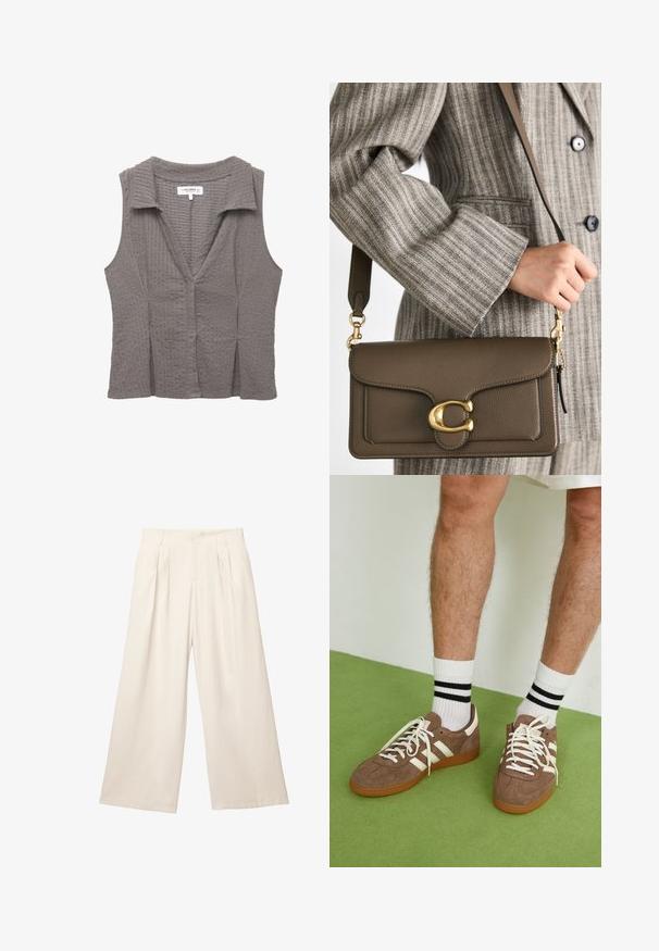 Grå ärmlös topp med en texturerad stickad design, med krage och en V-ringning. Tyget ser mjukt ut med subtila mönsterdetaljer.; Vida byxor i en ljus beige färg med ett mjukt, texturerat tyg. Har framfickor och resårmidja för en avslappnad passform.; Bruna mockaskor med vita detaljer och snören. Gummisula i beige. Bärs med vita strumpor med svarta ränder. Grön strukturerad golvyta.; COACH TABBY SHOULDER BAG 26 - Handväska - dark stone; Guldhalsband med avlånga, rektangulära länkar. Bärs över en svart blus med spetskrage och visar en slät, polerad yta.