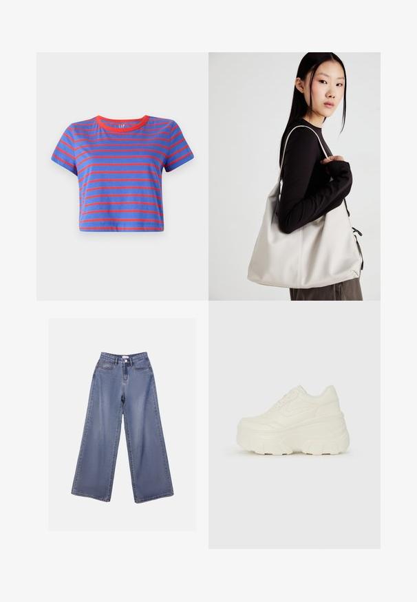 T-shirt encurtada com riscas horizontais em azul e vermelho. Apresenta um decote redondo vermelho e mangas curtas, feito de material de algodão suave.; Calças de ganga de perna larga numa lavagem azul clara, com uma cintura alta, bolsos frontais e fecho de botão com passadores para cinto.; Tênis brancos de plataforma com um cabedal suave semelhante a couro, formato arredondado, colarinho acolchoado e sola de borracha texturizada com ranhuras bem definidas.; Uma bolsa bege feita de material macio, com um design descontraído, detalhes de costura e duas alças para o ombro. Adequada para uso diário.