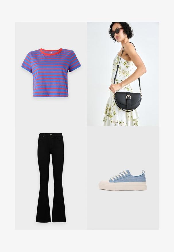 Cropped t-shirt with blue and red horizontal stripes. Features a round red neckline and short sleeves, made from soft cotton material.; Black high-waist jeans with a button and zip closure, front pockets, and flared legs laid flat on a white background.; Light blue canvas sneakers with a cream rubber toe cap and outsole, featuring white laces and a pull tab on the heel.; Black leather handbag with a curved shape, detachable strap, and gold hardware. The bag features a flap with a buckle detail.