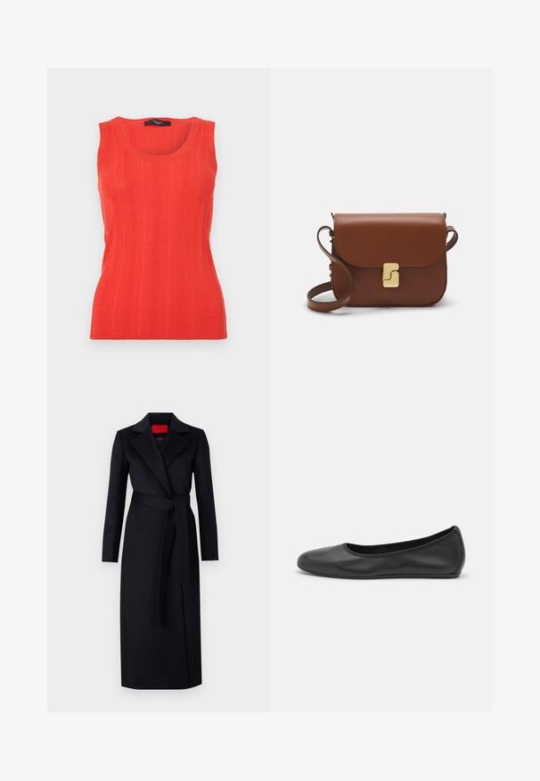 Rotes, geripptes Tanktop mit Rundhalsausschnitt, ärmellosem Design und figurbetonter Silhouette. Der Stoff ist weich und strukturiert, wodurch die Körperkonturen betont werden.; Schwarzer Trenchcoat mit langen Ärmeln, Wickeldesign und passendem Gürtel. Aus glattem Stoff gefertigt, verfügt er über einen Reverskragen und seitliche Taschen.; Schwarze Leder-Ballettschuhe mit abgerundeter Spitze, glatter Textur, minimalen Nähdetails und einem flexiblen Sohlen-Design.; Braune Ledertasche mit Klappenverschluss, Beschlägen in Goldfarbe, einem Schultergurt und einer glatten Oberfläche. Kompakte rechteckige Form.