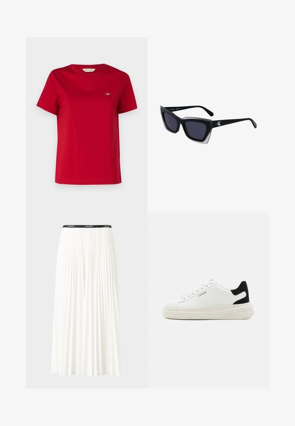 GANT SHIELD - T-Shirt basic - ruby red; Faltenrock aus Weiß mit einem schwarzen elastischen Bund, der das "LACOSTE"-Logo trägt. Mittellanges Design mit weicher Textur.; Weiße Leder-Sneaker mit einer dicken weißen Sohle, schwarzem Wildlederakzent an der Ferse und geprägtem Logo an der Seite. Schnürdesign mit sechs Ösen.; Schwarze übergroße Sonnenbrille mit geometrischer Form, ausgestattet mit dunklen Gläsern und einem kontrastierenden grauen Detail im Rahmen. Logo am Bügel.