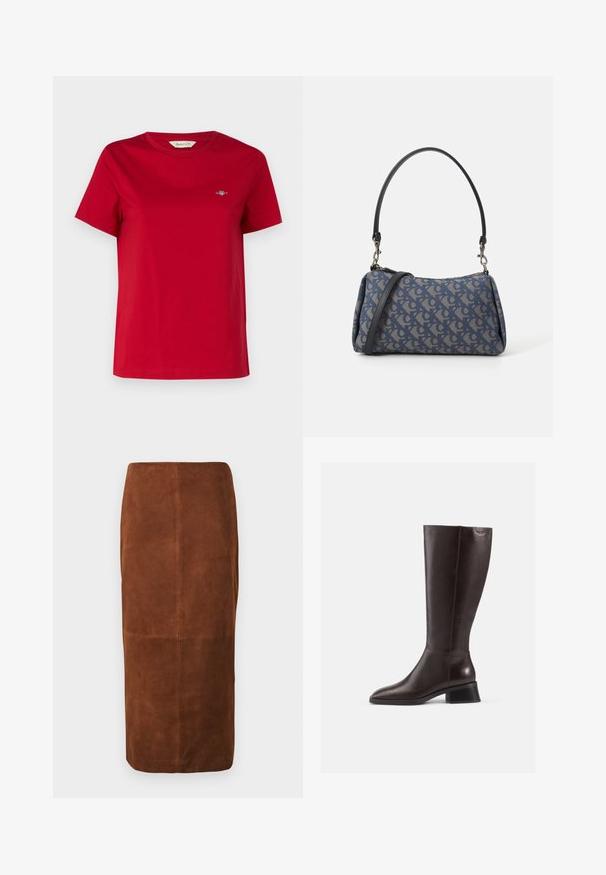 GANT SHIELD - T-shirt basic - ruby red; Gonna midi in suede marrone con silhouette dritta e dettagli delle cuciture verticali e orizzontali ben visibili su uno sfondo bianco.; Stivali in pelle marrone al ginocchio con finitura liscia, punta arrotondata e tacco nero impilato. Design semplice con dettagli hardware minimi.; Borsa a tracolla blu con motivo, realizzata in tessuto, caratterizzata da una forma curva, una tracolla in pelle nera e un logo in una tonalità più chiara.
