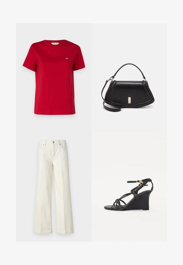 GANT SHIELD - T-shirts basic - ruby red; Videbenede hvide jeans lavet af en blanding af bomuldsstof. Har en lynlås i fronten, fem lommer og syninger langs sømmene.; Sorte kilehæle sandaler med tynde, krydset stropper og en justerbar ankelrem med en guldbuckle. Glat læderfinish.; Sort læderhåndtaske med en struktureret design, der har en kortet form, tophåndtag og guld hardware-accenter. Justerbar skulderrem inkluderet.