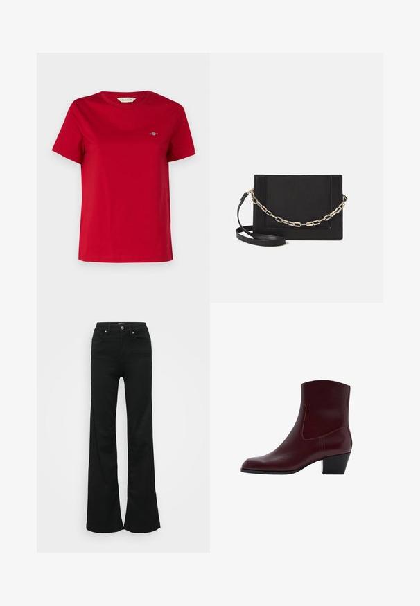 GANT SHIELD - T-shirt basic - ruby red; Zwarte wijde jeans gemaakt van denim, met een hoge taille, vijf zakken en een metalen knoopsluiting. Gladde textuur met minimale detailing.; Bordeaux leren enkellaars met een licht spitse neus, middenhoge blokhak en naaddetails aan de zijkant. Gladde textuur en minimalistisch ontwerp.; Zwarte leren schoudertas met een gladde textuur, rechthoekige vorm en een metallic kettingdetail aan de voorkant. Verstelbare schouderband inbegrepen.