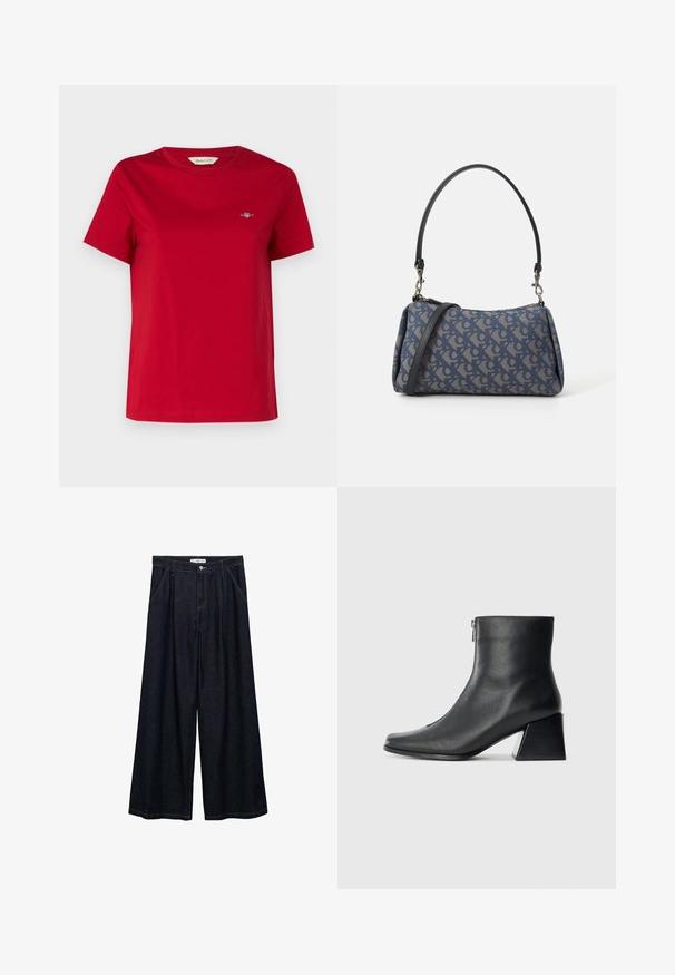 GANT - T-shirt basic; Ciemnoniebieskie spodnie o szerokich nogawkach z wysokim stanem, z zamknięciem na guzik z przodu, dwoma bocznymi kieszeniami oraz detalami w szwach.; Czarne skórzane botki za kostkę z kwadratowym noskiem, bocznym zamkiem błyskawicznym i słupkowym obcasem na jasnym tle.; Niebieska torebka wzorzysta, wykonana z tkaniny, o zaokrąglonym kształcie, z czarnym skórzanym uchwytem i logo zaprojektowanym w jaśniejszym odcieniu.