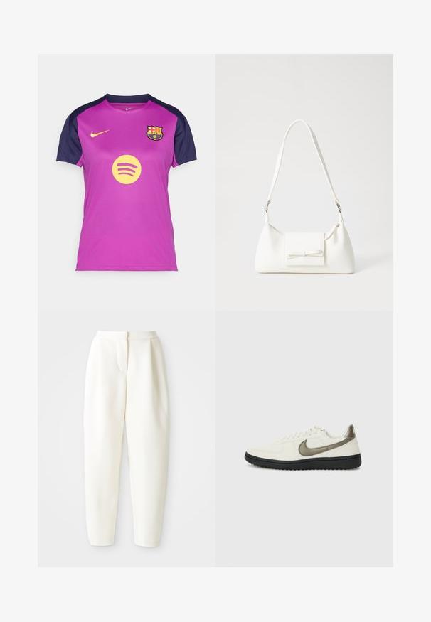 Lila Nike mez tengerészkék ujjakkal, sárga Spotify logóval és az FC Barcelona címerével a mellkasán. Lélegző anyagtextúra.; Magas derékú, tapered fehér nadrág, rejtett elülső záródással és oldalsó zsebekkel, sima fehér háttér előtt bemutatva.; Nike Sportswear FIELD GENERAL - Sportcipő - off-white/black; Fehér szintetikus kézitáska, háromszög alakú, lapos előlap, masni részlettel, állítható pánttal, sima textúrával és minimalista dizájnnal.
