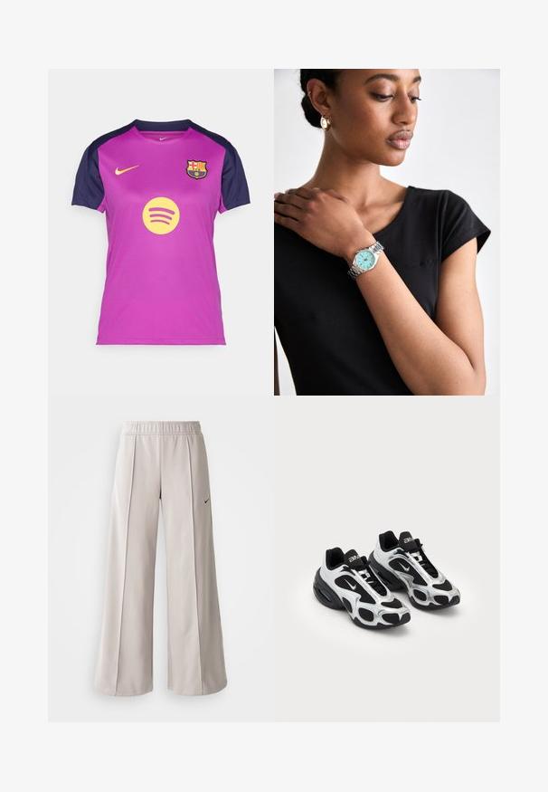 Lilla Nike'i särk, millel on tumesinised varrukad, sisaldab kollast Spotify logo ja FC Barcelona embleemi rinnal. Hingav kangas.; Heledad hallide püksid, mis on valmistatud siledast kangast. Omab elastset vöökohta ja musta Nike logo vasakul küljel.; Musta ja hõbedane spordijalats, millel on võrgusilmast ja sünteetilisest materjalist ülemine osa, iseloomuliku lainelise disainiga ja pehmendav kaelus, samuti õhuküte talla sees.; Hõbedane käekell piparmündiroheline kelladiial ja hõbedane käevõru, kantud käel. Kandjal on seljas must keha lähedalt istuv särk.