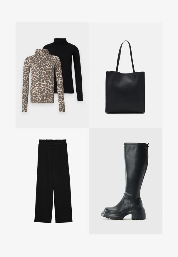 Two long-sleeve turtleneck tops, one solid black and one with beige and brown leopard print pattern, displayed front-facing on white background.; Black wide-leg trousers with a ruffled waistband, featuring two side pockets and a smooth, lightweight fabric. No visible patterns or hardware.; Tall black leather boot with chunky platform sole and block heel, featuring pull tab and textured tread on outsole.; Black leather tote bag with smooth texture, rectangular shape, and two long handles. No visible hardware or embellishments.