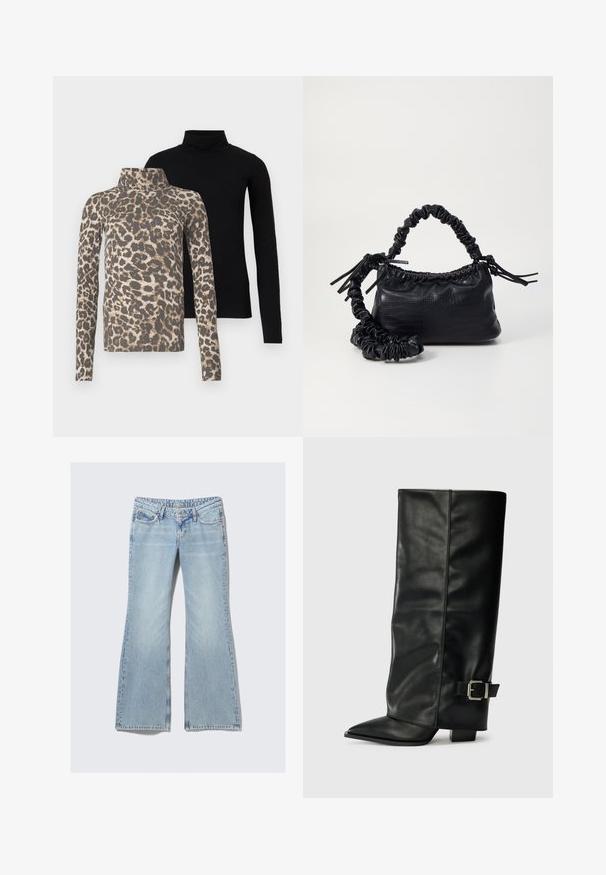 Dve dolge majice s turtleneck ovratnikom, ena v enotni črni barvi in ena z bež in rjavim leopardjim vzorcem, prikazane spredaj na belem ozadju.; Weekday NOVA - Kavbojke slim fit - lip blue; Črne usnjene gležnjarje do gležnjev z ostrim nosom, gladko teksturo in srebrnim sponko akcentom na strani. Debel kvadratni peti.; Črna torbica iz umetnega usnja s krokodilovo teksturo, z zvitim vrhom in zmečkano naramico. Zdi se mehka in kompaktna v oblikovanju.