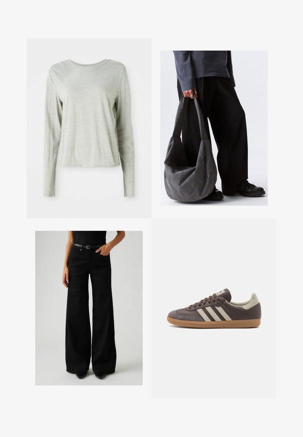 Light gray long-sleeve shirt made of soft fabric, featuring a round neckline and a relaxed fit. Seam details along the sides.; Black wide-leg jeans with a high waist, made of denim. Features a black belt with an adjustable buckle and side pockets. Detailed stitching visible.; Brown leather sneaker with three light-colored stripes, rubber gum sole, rounded toe, and textured suede accents on the heel and toe.; Gray fabric shoulder bag with a slouchy shape, featuring smooth texture and wide straps. The bag is held by a person in dark pants.