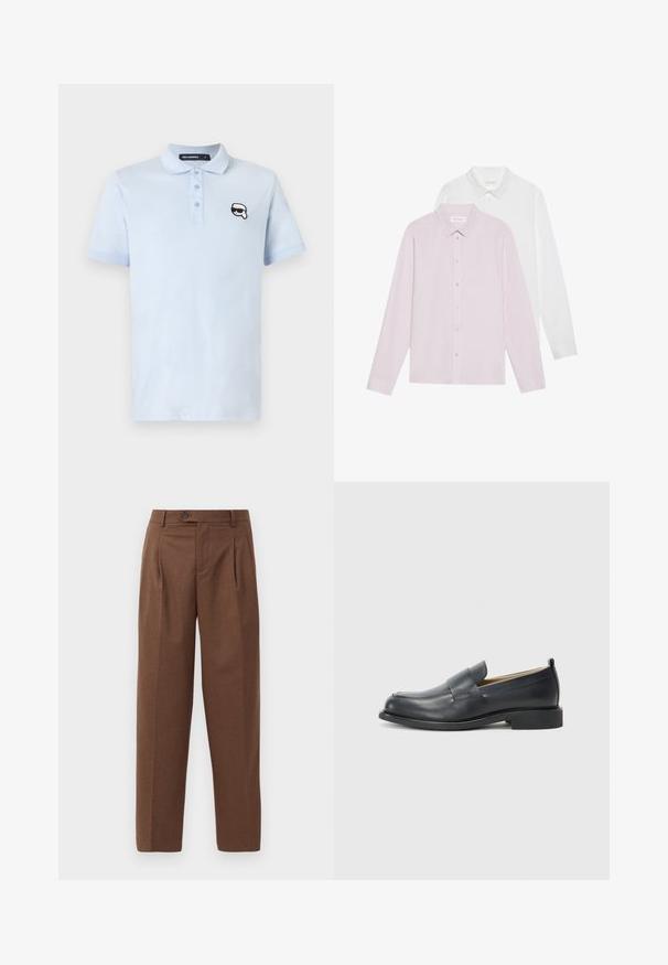 Lyseblå polo skjorte laget av bomull, med en klassisk krage, tre knapper foran og en svart-hvitt logo-patch på brystet.; To skjorter med lange ermer: en lys rosa, en hvit. Begge har spisse krager og knappelukking. Glatt stoff uten mønstre.; Brune skreddersydde bukser med rett passform, synlige folder, frontlommer og en enkelt knappelukking i livet. Jevn tekstur.; Sorte lærloafers med en glat overflade, en flad sål og en rund tå med en dekorativ rem over toppen.