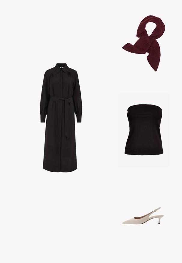 Schwarzes, trägerloses Oberteil aus dehnbarem Stoff. Glatte Textur mit schmaler Silhouette, keine sichtbaren Nähte oder Verzierungen.; Langes schwarzes Kleid mit kragenähnlichem Ausschnitt, Knopfleiste, langen Puffärmel und einem Bindegürtel in der Taille. Hergestellt aus glattem Stoff.; Beige Slingback-Absatzschuhe mit spitzer Zehenform und niedrigem, ausgestellten Absatz. Hergestellt aus glattem Leder mit einem minimalistischen Design und verstellbarem Riemen.; Burgunderfarbener Schal aus weichem, strukturiertem Stoff; hat eine elongated Form mit spitzen Enden, geeignet zum Wickeln oder Binden.; Braune, strukturierte Lederhandtasche mit geschwungener Form, goldfarbenen Beschlägen und einem einzelnen Schulterriemen. Verfügt über einen Reißverschluss und ein Logo-Detail.