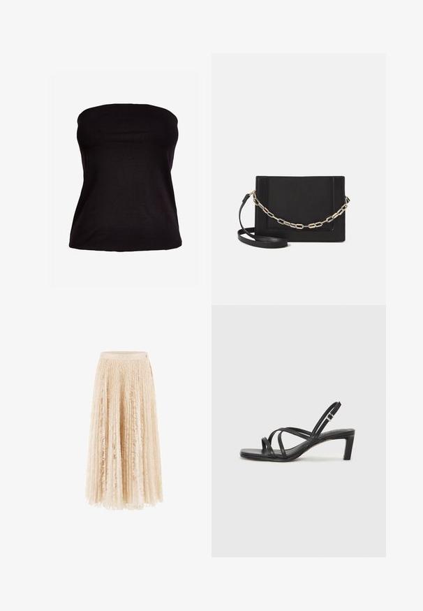 Top nero senza spalline realizzato in tessuto elasticizzato. Texture liscia con silhouette aderente, senza cuciture visibili o decorazioni.; Gonna midi plissettata in pizzo beige chiaro, caratterizzata da una superficie tessurizzata e da un cinturino aderente. Tessuto morbido e delicato con una forma fluida.; Sandalo nero con cinturini, dalla punta squadrata e tacco basso a blocco. Presenta diversi cinturini sottili e una cinturini regolabile alla caviglia. Realizzato in pelle liscia.; Borsa a tracolla nera in pelle con una texture liscia, forma rettangolare e dettaglio in catena metallica sul davanti. Inclusa una tracolla regolabile.