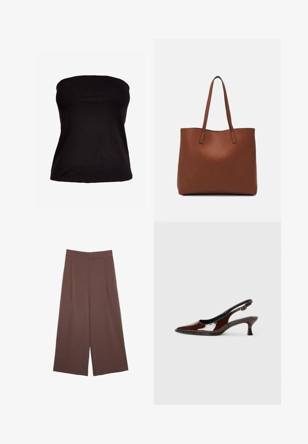 Črn breznaramen top iz raztegljivega materiala. Gladka tekstura z oprijetim silhueto, brez vidnih šivov ali okrasnih elementov.; Rjave široke hlače z gladko teksturo, ki imajo visok pas in sprednje naborke. Tkanina je lahka in prosto pada.; Rjavi lakirani slingback čevelj z ostro konico in zmerno peto. Ima zaponko za varno prileganje. Gladka tekstura.; Rjava usnjena torba z gladko teksturo, odprto zasnovo zgoraj in dvema naramnima trakovoma. Opremljena je z minimalnim šivanjem in brez vidnih kovinskih delov.