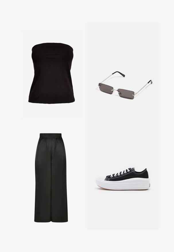 Top negru fără bretele, realizat dintr-un material elastic. Textură netedă cu o siluetă ajustată, fără cusături vizibile sau embellishments.; Pantaloni negri cu picioare largi, fabricați dintr-un material neted și lucios, cu un elastic la talie și fără buzunare vizibile sau detalii metalice.; Adidași negri din pânză cu șireturi albe, vârf alb din cauciuc și o talpă medie groasă albă. Prezintă cusături subtile albe și o talpă din cauciuc.; Ochelari de soare cu lentile dreptunghiulare, gri închis, rame din metal argintiu și vârfuri din plastic negru pe brațe. Design ușor, cu pad-uri pentru nas.