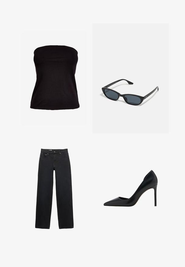 Zwarte strapless top van rekbaar materiaal. Soepele textuur met een aangesloten silhouet, geen zichtbare naden of versieringen.; Zwarte wijde jeans gemaakt van denim, met vijf zakken, een knoopsluiting, subtiele stiksels en een rechte snit van taille tot zoom.; Mango Hoge hakken - black; Zwarte cat-eye zonnebril met donkere lenzen, kunststof frame, slanke pootjes en subtiele branding op de binnenkant van de poot. Mat afgewerkte textuur.
