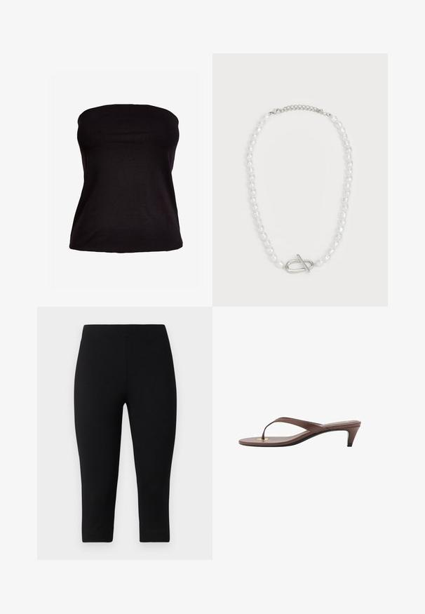Crna strapless majica napravljena od rastezljivog materijala. Glatka tekstura s oblikovanim siluetom, bez vidljivih šavova ili ukrasa.; Crnecapri tajice od rastezljivog materijala, koje su uskog kroja i glatke teksture, bez istaknutih uzoraka ili detalja.; Smeđe natikače na petu s tankim remenom i zaobljenim vrhom, sa malim zlatnim akcentom na ulošku.; Bjela biserna ogrlica raznih oblika i veličina, s srebrnim zakovicama za zatvaranje. Glatka tekstura s sjajnim završetkom.