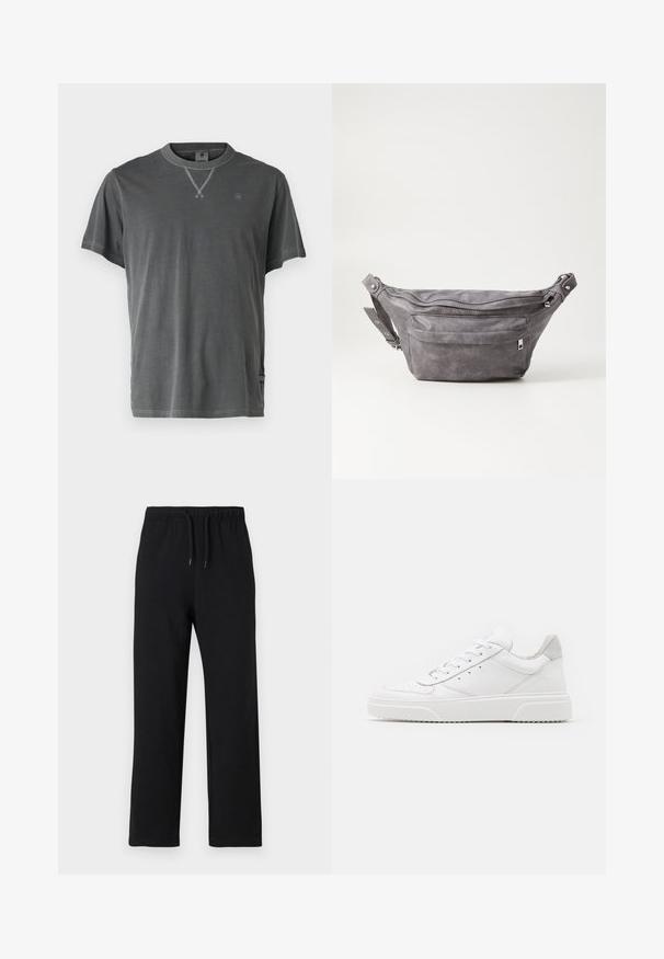 Šedé bavlnené tričko s okrúhlym výstrihom, krátkymi rukávmi a textúrovaným lemem okolo krku. Obsahuje malé logo na hrudi a detail na bočnom leme.; Jack & Jones JPSTKANE JJCHARGE UNCUFFED - Tepláky - black; Biele kožené tenisky s hladkým povrchom, zaoblenou špičkou, plochými šnúrkami a textúrovanou podrážkou. Sivý semišový akcent na päte.; Sivá semišová ľadvinka s okrúhlym tvarom, dvoma zipsovými priehradkami a nastaviteľným popruhom. Obsahuje kovové prvky.