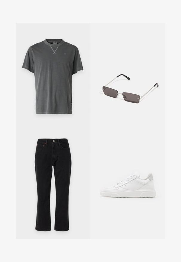 Camiseta de algodón gris con cuello redondo, mangas cortas y un escote texturizado. Presenta un pequeño logo en el pecho y un detalle en el dobladillo lateral.; Jeans de mezclilla negra con un diseño de pierna recta, estilo de cinco bolsillos, y herrajes metálicos con acentos de cobre. Textura suave y tiro medio.; Zapatillas de cuero blanca con un acabado suave, punta redondeada, cordones planos y una suela texturada. Acento de ante gris en el talón.; Gafas de sol con lentes rectangulares de color gris oscuro, montura de metal plateado y puntas de plástico negro en las patillas. Diseño ligero con almohadillas nasales.