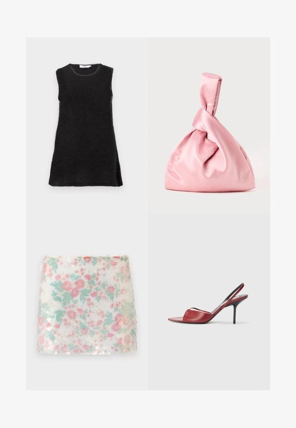 Melna bezroku kleita no mīksta, pūkaina auduma. Ir apaļa kakla izgriezuma un nedaudz zvīņota silueta ar sānu šķēlumiem. Vienkāršs dizains.; Ziedu raksta balta auduma ar pasteļrozā un zaļiem ziediem, ar teksturētu virsmu un smalkiem spīguļiem apakšējā malā.; Sarkans ādas slingback augstpapēžu sandaļu modelis ar izgrieztu purngalu, plānu siksniņu pāri kājai un šauru stiletto papēdi.; Rozā satīna soma ar mezglotu augšu, ar gludu tekstūru un mīkstu, noapaļotu formu. Izstrādāta, lai nodrošinātu drošu, savilktu izskatu.; Džību auskari ar trim lieliem kvadrātiem un taisnstūra sarkaniem dārgakmeņiem, katrs ielenkots ar mazākiem caurspīdīgiem rhinestones zeltītās ietvaros.