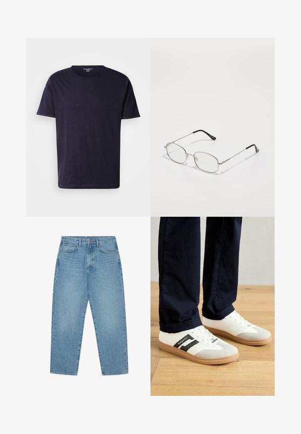 Tricou de culoare bleumarin închis, fabricat dintr-un material moale, cu guler rotund și mâneci scurte. Textură netedă, cu un design simplu și clasic.; Jeans din denim albastru deschis cu croială largă și talie înaltă, având cinci buzunare, bucle pentru curea și o textură moale, ușor decolorată.; Tenisi albi și gri cu dungi negre, din piele, având talpă din cauciuc și șireturi plate. Purtați cu pantaloni bleumarin pe un podea din lemn.; Ochelari de metal cu ramă ovală, margini argintii și lentile clare. Brațe subțiri, drepte, cu vârfuri negre, design minimalist.