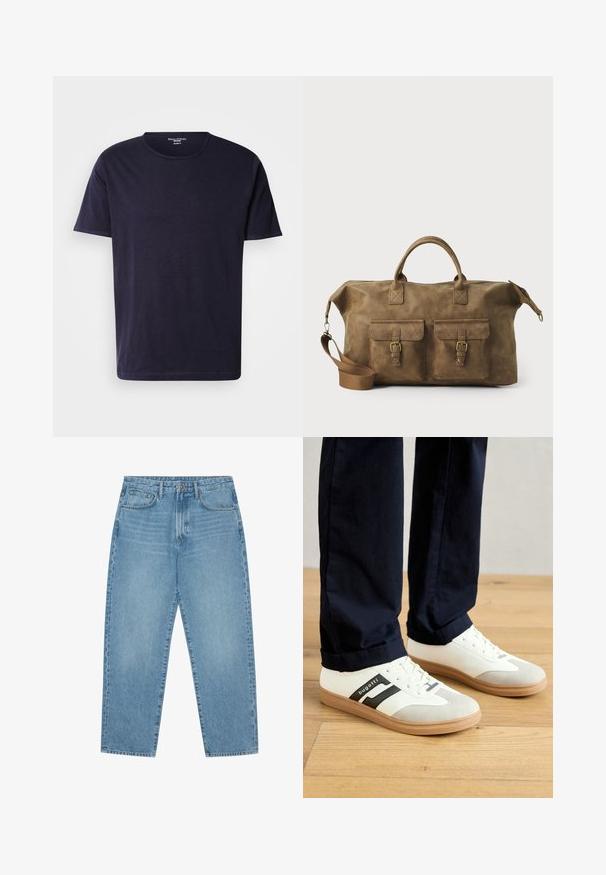 Dark navy T-shirt made from soft fabric, featuring a crew neck and short sleeves. Smooth texture with a simple, classic design.; Light blue denim jeans with a straight-leg cut, five-pocket design, and a slightly faded texture. Features a button and zipper closure.; White and gray sneakers with black stripes, made of leather, featuring a rubber sole and flat laces. Worn with navy pants on a wooden floor.; Brown leather duffel bag with two front pockets, adjustable shoulder strap, gold hardware, and sturdy top handles. Smooth texture.