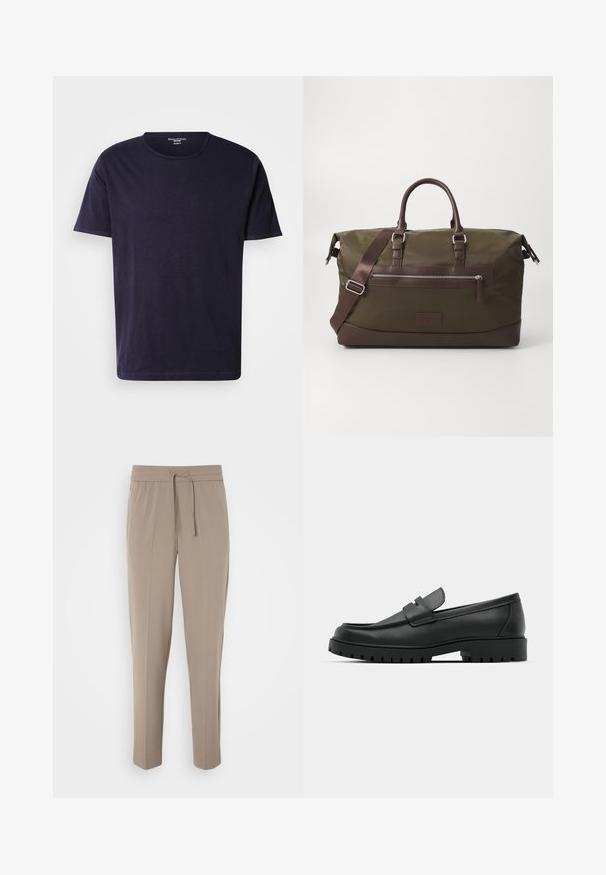 T-shirt di un blu scuro realizzato in un tessuto morbido, con scollo rotondo e maniche corte. Texture liscia con un design semplice e classico.; Pantaloni beige chiaro con cintura elastica, cordoncino regolabile e gamba affusolata. Il tessuto appare liscio con una lieve lucentezza.; Mocassini in pelle nera con punta rotonda, caratterizzati da un design cucito, suola piatta bassa e un battistrada in gomma testurizzata e scolpita.; Borsa da viaggio in tela verde oliva con dettagli in pelle marrone, dotata di manici doppi, una tracolla rimovibile e una tasca con zip sul davanti.