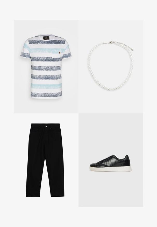 Striped t-shirt featuring horizontal bands in dark navy, light blue, and white. Includes a small chest pocket and soft cotton fabric.; Black denim pants featuring a straight-leg cut, five-pocket design, and a front button closure. Smooth texture with minimal stitching details.; Black sneakers featuring a textured croc-embossed leather upper, rounded toe, and a contrasting white rubber sole with a smooth finish.; White pearl necklace with a uniform round shape, smooth surface, and metal clasp with an extension chain for adjustable length.