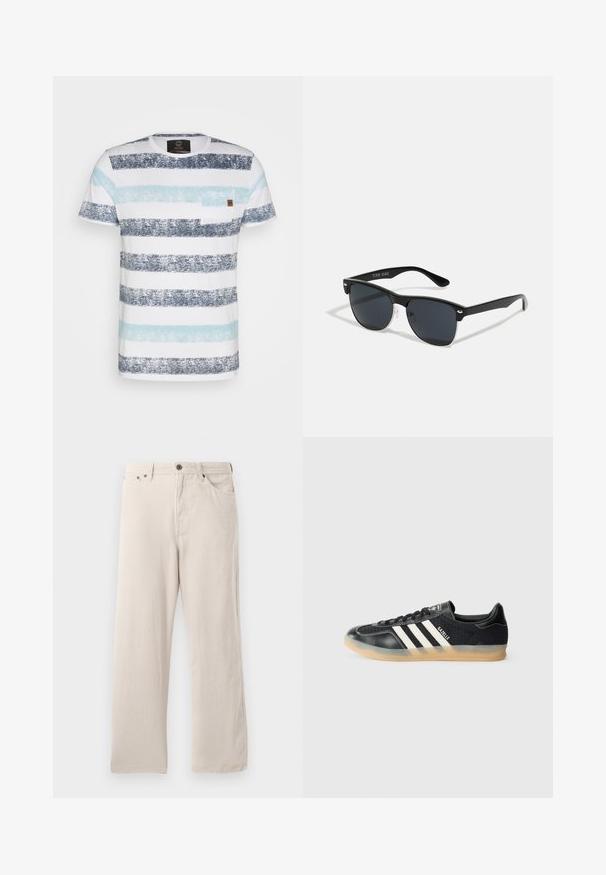 T-shirt às riscas com faixas horizontais em azul marinho escuro, azul claro e branco. Inclui um pequeno bolso no peito e é feita de algodão macio.; Calças de veludo cotelê bege com um corte reto, apresentando uma textura ribada, design de cinco bolsos e fecho de botão.; Sapatilha atlética preta com riscas brancas, tecido texturizado, biqueira de couro liso e sola de borracha clara. Apresenta logótipo na língua.; Óculos de sol pretos com forma retangular, lentes escuras, detalhes em prata nas hastes e um acabamento mate na armação.