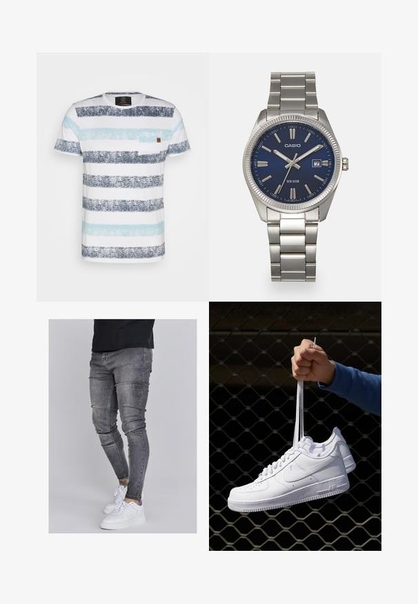 Striped t-shirt featuring horizontal bands in dark navy, light blue, and white. Includes a small chest pocket and soft cotton fabric.; Skinny jeans in faded gray denim, featuring distressed details at the knees, paired with white sneakers. Smooth texture, slim fit design.; White leather sneakers with perforations, round toe, flat sole, and thick laces, featuring a visible swoosh logo and "AIR" on the heel.; Silver stainless steel wristwatch with a navy blue dial, metallic hour markers, and a date window at 3 o'clock. Water-resistant to 50 meters.