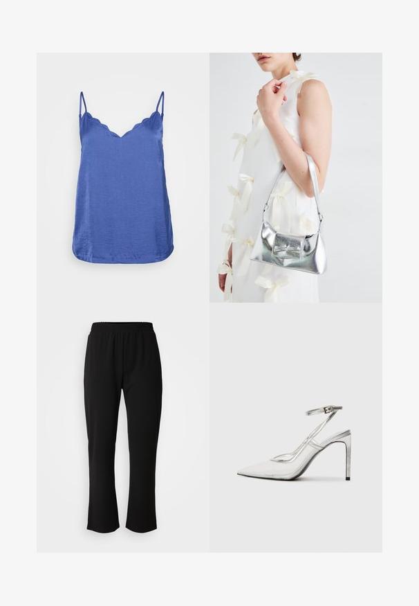 Kék topp, vékony állítható pántokkal, hullámos nyakkivágással és sima textúrával. Az alja enyhén ívelt és a csípőnél végződik.; ONLY Carmakoma CARLAMA STRAIGHT - Nadrágok - black; Áttetsző anyagú, hegyes orrú, tiszta stiletto sarokcipő, fémes ezüst díszítéssel és állítható bokahevederrel.; Ezüst fémes kézitáska, struktúrált formával, felső fogantyúval és masnis részlettel az elején. Simaságával és fényes felületével tűnik ki.