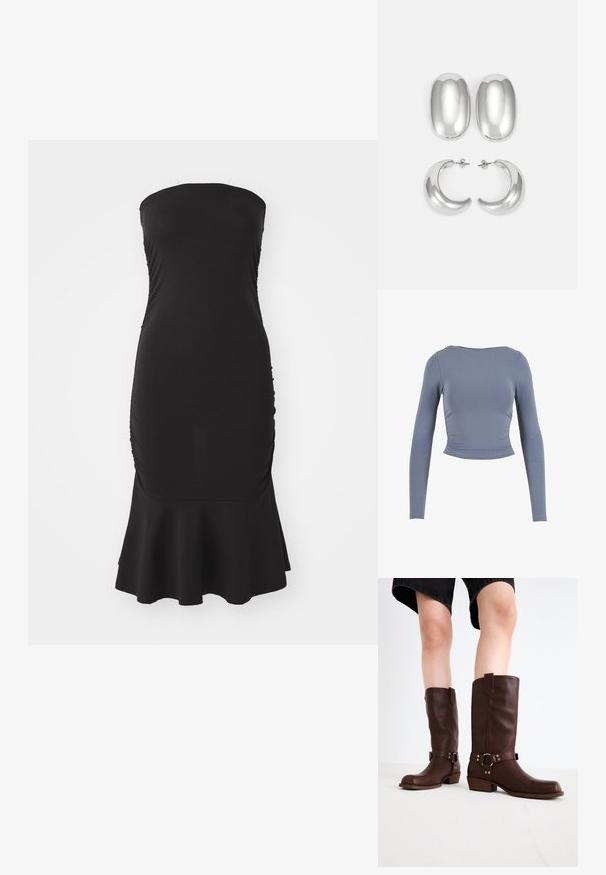 Ilgų rankovių, trumpas viršus, pagamintas iš minkštos, tamprios medžiagos; su apvalia iškirpte ir susiraukšlėjusiomis šoninėmis detalėmis, muted mėlynai spalvos.; Juoda be įtvirtinimo suknelė, pagaminta iš elastingos medžiagos, su raukiniais šonuose ir plačiu apvadu. Sklandus tekstūra su prilipusiu siluetu.; Rudos odinės kelio ilgio batai su apvalia nosimi, tekstūruotu paviršiumi, užkulnio dirželiu ir sidabriniais detaliais; storas kulnas.; Sidabro spalvos auskarų rinkinys: dvi ovalios sagtys ir dvi pusmėnulio formos apyrankės, pasižyminčios blizgiu, lygiu paviršiumi ir suapvalinta forma.