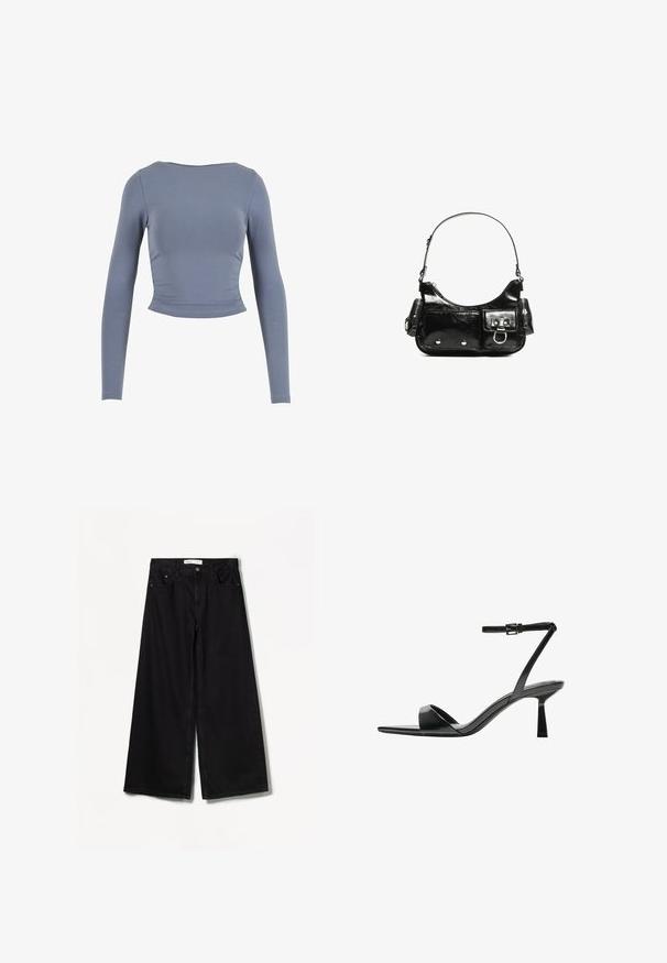 Langärmliges, kurzes Oberteil aus weichem, dehnbarem Material; verfügt über einen runden Ausschnitt und geraffte Seitendetails in einem gedämpften Blauton.; Bershka WIDE-LEG - Wide Leg - black; Bershka High Heel Sandalette - black; Schwarze Lackleder-Handtasche mit geschwungenem Design, einem Schulterriemen, Vordertaschen und silberfarbenen Hardware-Akzenten.