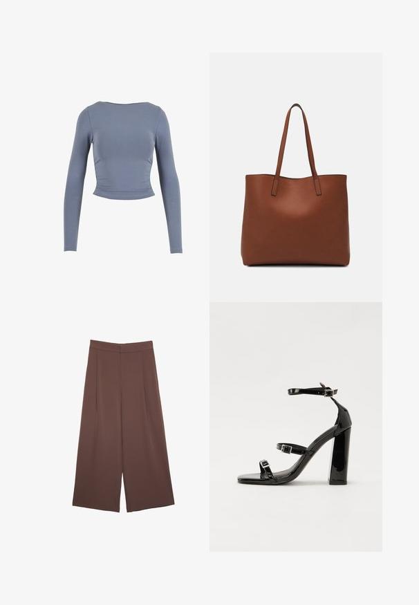 Dlhý rukáv, skrátený top z mäkkej, elastickej látky; má okrúhly výstrih a zhrnuté bočné detaily, v tlmenej modrej farbe.; Hnedé nohavice so širokými nohavicami a hladkou textúrou, s vysokým pásom a prednými skladmi. Tkanina je ľahká a voľne sa pohybuje.; Čierne lakované sandále na vysokom opätku s dvoma prackami, štvorcovou špičkou a hrubým blokovým opätkom, s hladkou, lesklou textúrou.; Hnedá kožená taška na rameno s hladkou textúrou, otvoreným vrchom a dvoma ramenými popruhmi. Má minimálne šitia a žiadne viditeľné kovania.