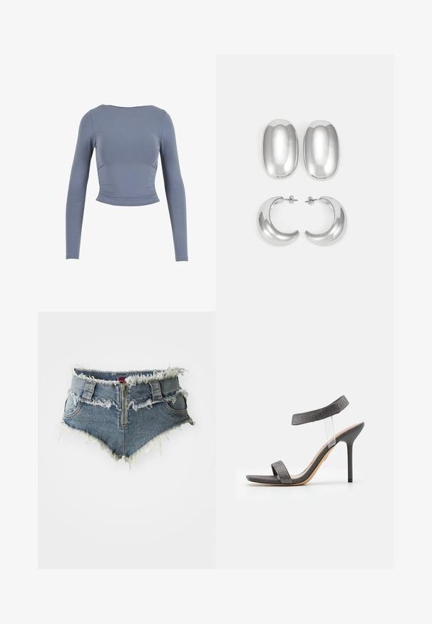 Ilgų rankovių, trumpas viršus, pagamintas iš minkštos, tamprios medžiagos; su apvalia iškirpte ir susiraukšlėjusiomis šoninėmis detalėmis, muted mėlynai spalvos.; Džinsiniai šortai su nusitrynusia apatine dalimi, aukštu liemeniu, užtrauktuku priekyje ir dviem priekiniais kišenėmis. Medžiaga yra išblukęs mėlynas džinsas su pažeidimais.; Juodos aukštakulnės sandalai su skaidriu dirželiu, tekstūruotu viršumi ir plonu stiletto kulnu. Yra platus priekinis dirželis ir blizgantys akcentai.; Sidabro spalvos auskarų rinkinys: dvi ovalios sagtys ir dvi pusmėnulio formos apyrankės, pasižyminčios blizgiu, lygiu paviršiumi ir suapvalinta forma.