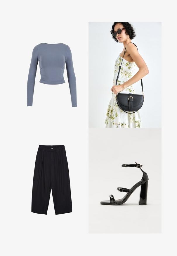 Dolge rokave, skrajšan top iz mehkega, raztegljivega materiala; ima okrogel izrez in zbrane stranske detajle, v zatemnjeni modri barvi.; Črne poliesterske culotte hlače z elastičnim pasom, dvema sprednjima nabiranjema in ohlapnim krojem. Brez vidnih vzorcev ali kovinskih detajlov.; Črne lakirane sandale s peto, kvadratnim prstom, trakovi okrog gležnja in srebrnimi zaponkami. Opremljene so s stabilno Debelo peto.; Črna usnjena torbica s ukrivljeno obliko, z odstranljivo naramnico in zlatimi dodatki. Torbica ima pokrov s podrobnostmi v obliki zaponke.