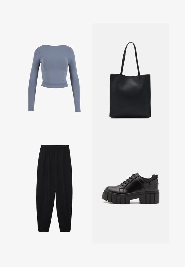 Long-sleeve, cropped top in soft, stretchable fabric; features a round neckline and gathered side details, in a muted blue color.; Black, lightweight pants with an elastic waistband and gathered ankles. The fabric is smooth and features a relaxed, tapered design.; Black leather platform shoes with a chunky block heel, round toe, and traditional lace-up design. Features smooth texture and minimal detailing.; Black leather tote bag with smooth texture, rectangular shape, and two long handles. No visible hardware or embellishments.