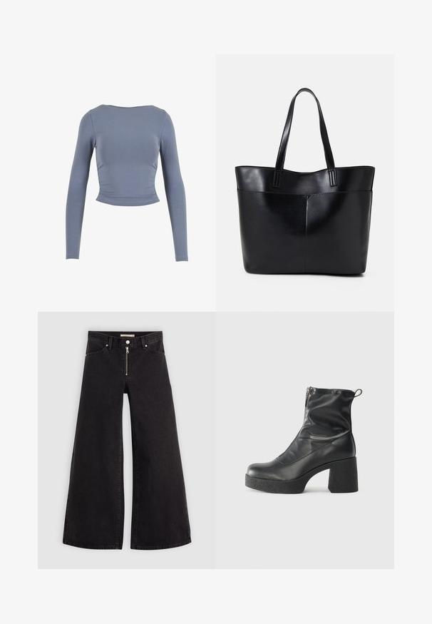 Top scurt cu mânecă lungă dintr-un material moale și elastic; prezintă un decolteu rotund și detalii pliate pe laterale, într-o nuanță de albastru estompat.; Jeans cu picioare largi din denim negru, cu fermoar în față, design cu cinci buzunare și detalii subtile de cusătură. Textură netedă și stil casual.; Bocanci negri de glezna din piele netedă, cu fermoar lateral, toc texturat și masiv, și design cu vârf rotund.; Geantă oversized din piele neagră, cu două mânere lungi, de textură netedă și formă structurată. Are un buzunar frontal pentru stocare suplimentară.
