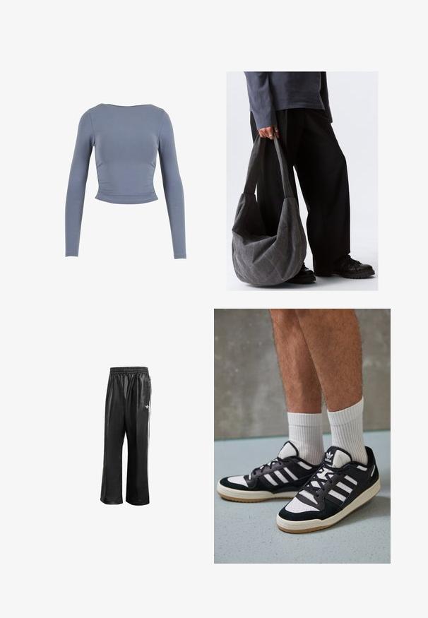 Pikkade varrukatega lühike topp pehme, venivas kangast; omaduseks on ümmargune kaelus ja kogutud külgedetailid, tuhm sinises värvitoonis.; Mustad sünteetilised spordipüksid mustas värvuses, elastse vöökohaga, valgete külgmiste triipudega ja vasakul puusal väikese valge logoga.; Mustvalged ja valged spordijalatsid, mille pealmine osa on valmistatud suede'ist ja nahast. Kingadel on kolm valget riba, auguline varvas ja kummist tald.; Hallide hall fabricï õlakott, millel on lõtv kuju, sile tekstuur ja laiad rihmad. Kotti hoiab tumedates pükstes isik.