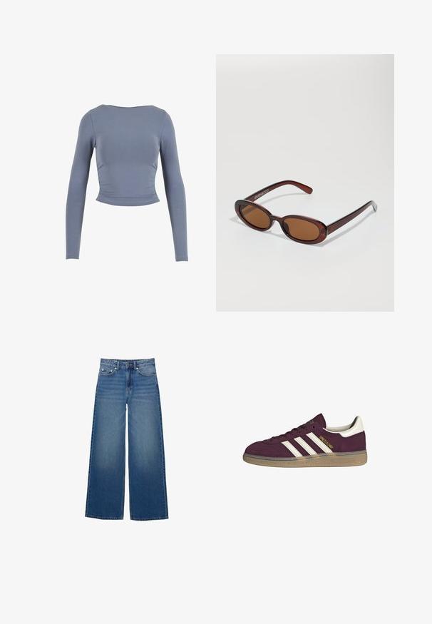 Dlhý rukáv, skrátený top z mäkkej, elastickej látky; má okrúhly výstrih a zhrnuté bočné detaily, v tlmenej modrej farbe.; Džínsy s širokými nohavicami vyrobené z denimu, so zvýšeným pásom, prešitými detailmi a jednoduchým dizajnom s jemným efektom vyblednutia.; Bordový semišový tenisk s bielymi tromi pruhmi a béžovými akcentmi. Má textúrovanú gumovú podrážku a zlaté logo na boku.; Okrúhle slnečné okuliare s hnedým nádychom a lesklým burgundským rámom. Úzke ramená s jemným brandovaním. Plochej šošovky dizajn.; Hnedá tkaná kožená kabelka s voľným, trojuholníkovým tvarom. Má opletenú rúčku a zips na vrchu.