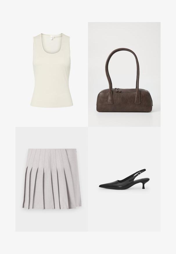 Hihaton valkoinen ribattu toppi, jossa on pyöreä pääntie, valmistettu joustavasta kankaasta, esillä valkoisella taustalla.; Harmaa laskostettu hame, jossa on sileä pinta, useita pystysuoria laskoksia ja kapea vyötärö. Valmistettu kevyestä kankaasta.; Mustan nahkainen slingback-kengät, joissa on terävä nenä ja kapea, kaareva korko. Varustettu huomaamattomalla säädettävällä hihnalla, jossa on metallinen solki.; Ruskea nahkalaukku, jossa on kaksi tukevasti kantavaa kahvaa, suorakaiteen muotoinen, sileä pinta ja vetoketjukiinnitys. Minimalistinen muotoilu ilman näkyviä kuvioita.