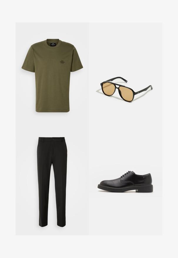 Olive green short-sleeve T-shirt made of cotton, featuring a round neckline and a small embroidered logo on the left chest. Smooth texture.; Black trousers made of smooth fabric, featuring straight legs, a button closure, and a classic design suitable for formal or casual wear.; Black leather lace-up shoe with a rounded toe, smooth texture, minimal stitching, and a low rubber heel. Logo on the heel.; Black sunglasses with brown tinted lenses; rectangular shape with a thick frame, including subtle hardware accents on the temples.