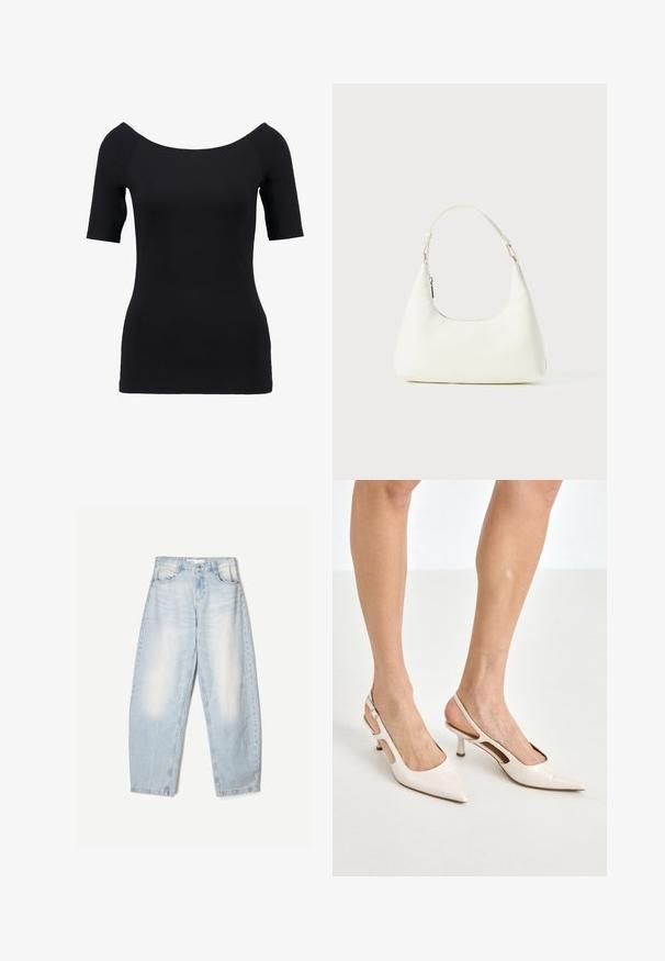 Schwarzes Kurzarmoberteil mit schulterfreiem Ausschnitt, taillierter Passform und glatter Textur. Keine sichtbaren Muster oder Beschläge.; Weißes Hemd mit klassischem Kragen, langen Ärmeln und lockerer Passform. Hergestellt aus leichtem Stoff mit glatter Textur.; Hellblaue Jeans aus Denim mit lockerer Passform, im ausgewaschenen Finish, zwei Fronttaschen und einem Knopfverschluss am Bund.; Beige Lackleder Slingback-Absätze mit spitzem Fuß und 5 cm Absatz, mit ausgeschnittenen Seiten und einem schmalen Knöchelriemen.; Kleine weiße Schultertasche mit einem verstellbaren Tragegurt und einem Reißverschluss, vor einem schlichten weißen Hintergrund.