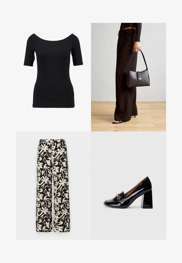 Czarny top z krótkim rękawem o dekolcie na ramionach, dopasowany krój i gładka tekstura. Brak widocznych wzorów lub detali z metalu.; Czarne spodnie wide-leg z kremowym kwiatowym wzorem. Wykonane z lekkiego materiału, o gładkiej teksturze i wysokim staniku.; Czarne lakierowane szpilki z ostrym noskiem i słupkowym obcasem. Posiadają dekoracyjny pasek oraz detal klamry na cholewie.; Czarna torebka o usztywnionym kształcie, gładkiej fakturze i metalowym zapięciem. Połączona z szerokimi czarnymi spodniami i sandałami na otwartym palcu na drewnianej podłodze.
