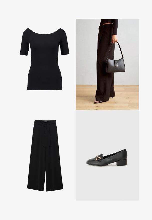 Czarny top z krótkim rękawem o dekolcie na ramionach, dopasowany krój i gładka tekstura. Brak widocznych wzorów lub detali z metalu.; Czarne spodnie szerokie z teksturowanej tkaniny, z elastycznym paskiem w talii i odpinanym paskiem w talii dla regulowanego dopasowania.; Czarne skórzane loafersy z płaskim obcasem, z ozdobnym złotym detalem z przodu i gładką fakturą.; Czarna torebka o usztywnionym kształcie, gładkiej fakturze i metalowym zapięciem. Połączona z szerokimi czarnymi spodniami i sandałami na otwartym palcu na drewnianej podłodze.