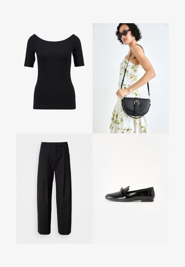 Schwarzes Kurzarmoberteil mit schulterfreiem Ausschnitt, taillierter Passform und glatter Textur. Keine sichtbaren Muster oder Beschläge.; Schwarze Hosen mit lockerer Passform, gefaltetem Bund und Gürtelschlaufen. Glattes Material und gerade Beine mit seitlichen Taschen.; Schwarze Lackleder-Lederschuhe mit flacher Sohle, runder Spitze und einem dekorativen Riemen mit einem goldfarbenen Akzent. Glattes, glänzendes Finish.; Schwarze Lederhandtasche mit geschwungener Form, abnehmbarem Tragegurt und goldenen Beschlägen. Die Tasche verfügt über einen Deckel mit einer Schnallen-Details.